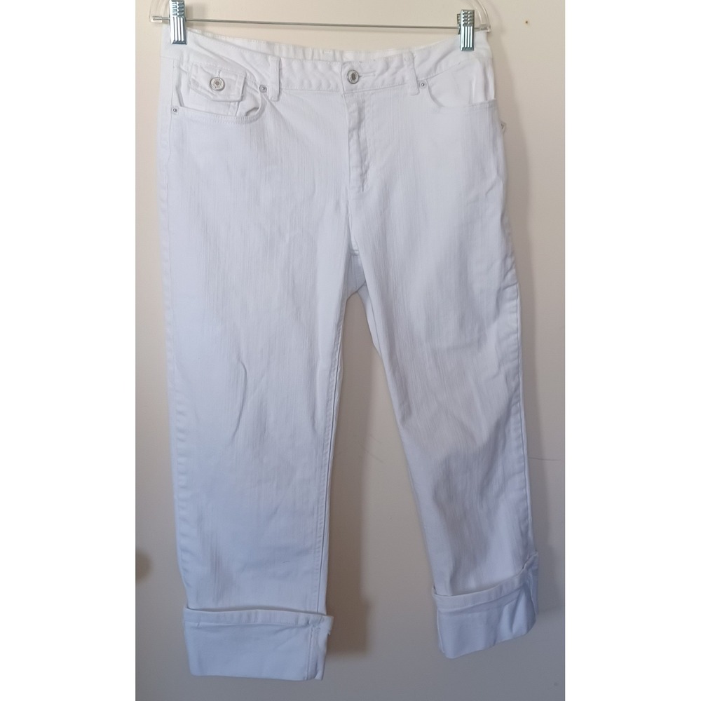 Liz & Co‎ Women Sz 10 White Denim Capri Pants Cuffed Mid Rise Versatile Crisp